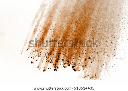 Movement abstract frozen dust explosion brown on white background. Stop the movement of brown powder on a white background.