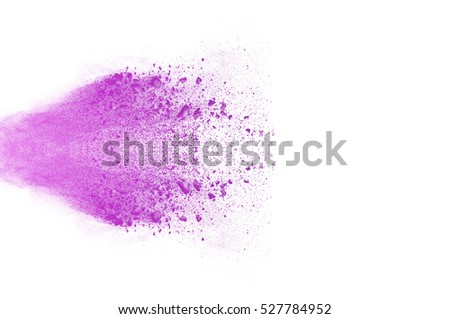 Movement abstract frozen dust explosion purple on white background. Stop the movement of purple powder on white background. Purple powder explosion on white background.