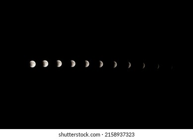 Movement and timeline of moon phases, the transform of total lunar eclipse at night. Horizontal collage photos of course of the supermoon lunar eclipse.