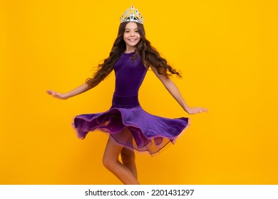 Movement Windy Dress. Girls Birthday Party, Funny Kid In Crown. Imagine Herself A Queen, Child Wear Diadem. Successful Teenager Wear Luxury Beauty Queen Crown, Success.