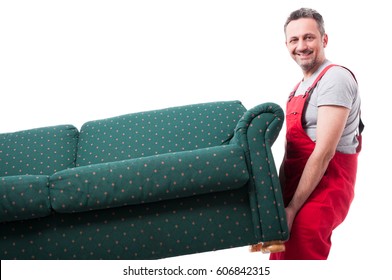 Mover Guy Lifting Up Couch While Moving And Smiling Isolated On White Background