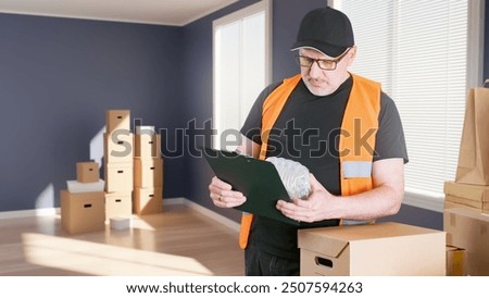 Mover helps with move. Man with boxes in empty room. Employee of moving company. Relocation process. Mover with clipboard helps with move. Man loader at work. Moving process. Business on relocation