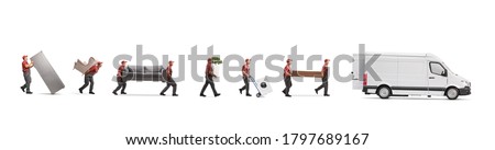 Movers loading household items in a van isolated on white background