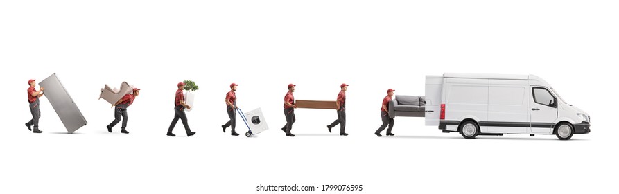 Movers putting household items in a white van isolated on white background