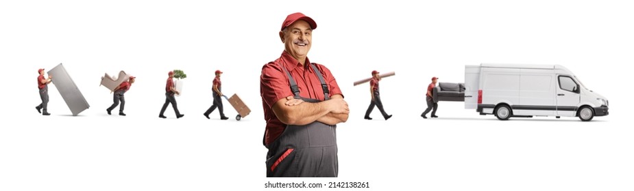 Movers With A Van Carrying Furniture And A Mature Worker Posing In The Front Isolated On White Background