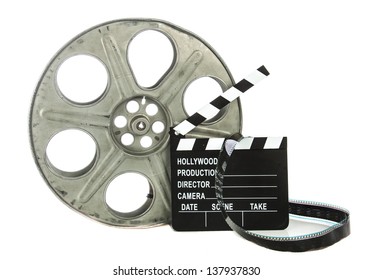 Movie Clapper Board With Film Reel On White Background