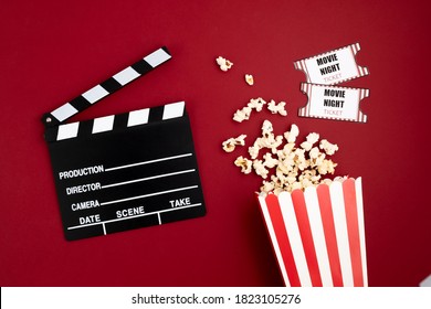 Movie Clapperboard And Cinema Tickets. Home Movie Night, Party Invitation. Top View, Copy Space, Mockup