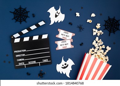 Movie Clapperboard And Halloween Decoration. Horror Movie Night, Halloween Party Invitation. Top View, Copy Space, Mockup