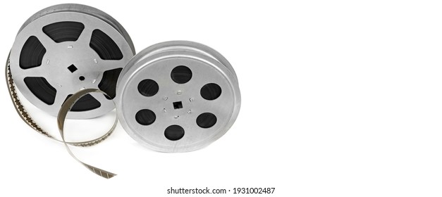 Movie film reels isolated on white background. Wide photo. Free space for text.