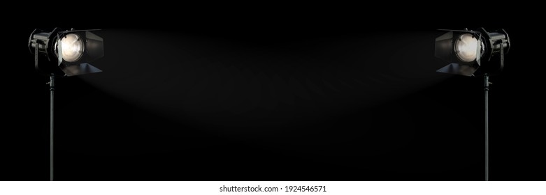 Movie lights in the dark, cinema lighting on black background banner with copy space