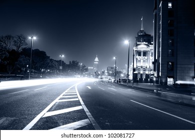 Moving Car With Blur Light Through City At Night In Shanghai China