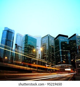 Moving Car With Blur Light Through City At Night