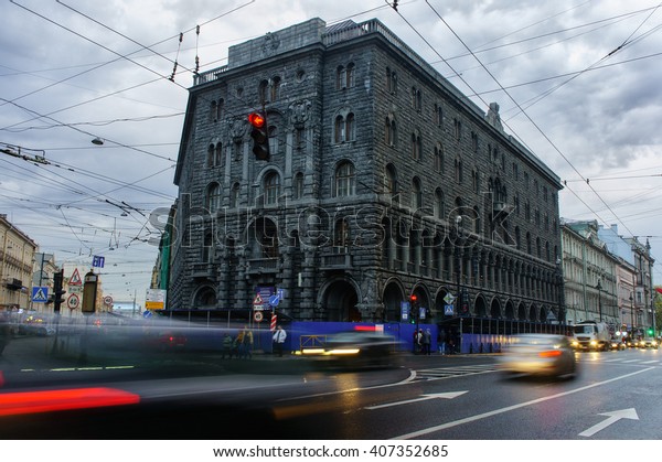 Moving cars\
moving in busy road  in city center of St. Petersburg, Russia. City\
traffic in Saint Petersburg downtown.\

