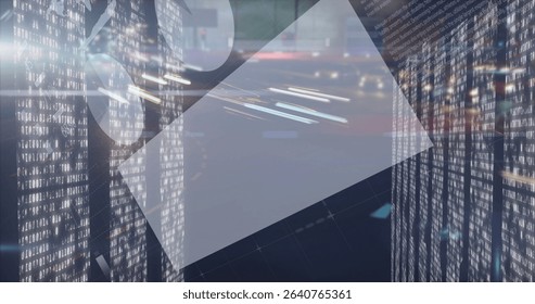 Moving clear trapezoid floating on grid plane in network space with binary panels and light trails. Futuristic, technology, digital, abstract, network, data, innovation - Powered by Shutterstock - Get 15% off with code: PIKWIZARD15