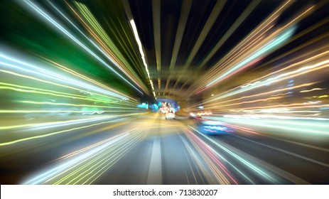 Moving Forward Motion Blur Background With Light Trails ,night Scene .