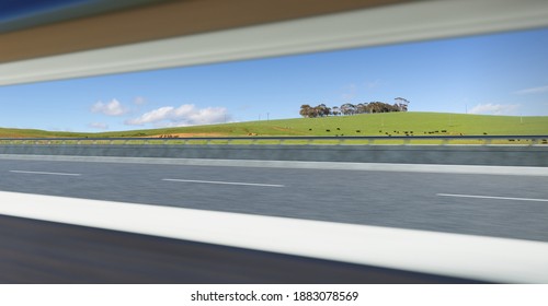 Moving Highway Road. Unique Perspective Side View From Railing With Natural Farm Landscape Background.