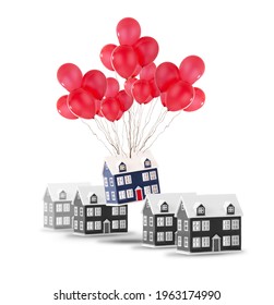 Moving house concept showing one home in a row of houses lifting up with red ballons. Isolated on a white background with copy space