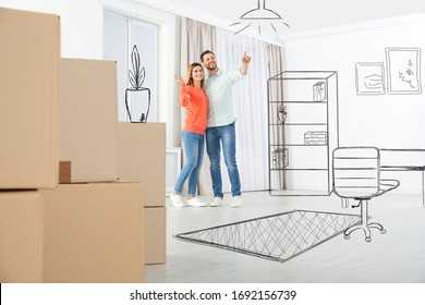 Moving to new house. Happy couple imagining living room arrangement. Illustrated interior design