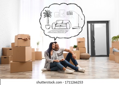 Moving to new house. Happy couple imagining living room arrangement. Illustrated interior design 