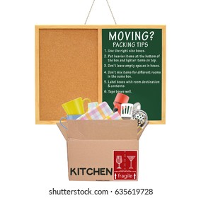 Moving Packing Tips ( Use Right Size, Label, Tape, Don't Mix Items, Leave Empty Space, Put Heavy Items On Bottom) Hand Dropping Keys Into Open Moving Box Labels Kitchen Fragile