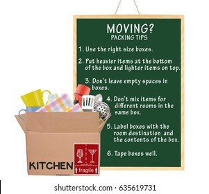 Moving Packing Tips ( Use Right Size, Label, Tape, Don't Mix Items, Leave Empty Space, Put Heavy Items On Bottom) Hand Dropping Keys Into Open Moving Box Labels Kitchen Fragile