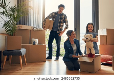 Moving, parents and portrait of child in new home bonding together for family time with teddy bear. Happy, mortgage and girl kid play with mom and dad for fun and unpacking cardboard boxes for house.