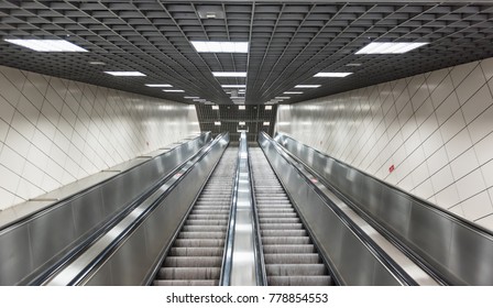 Moving Stairs In Underground.Escalator Stairs In Metro Station.