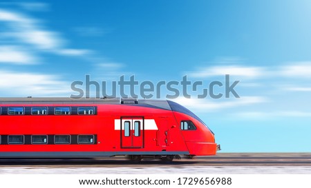moving train in motion against blurred clouds blue sky background Side view of head carriage of commuter metro train Urban transportation concept