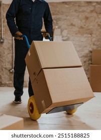 Moving worker unloading boxes into new home