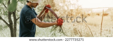 Similar – Image, Stock Photo Scythes; a man with a scythe in the garden.