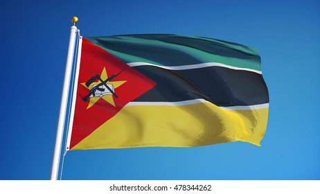 Mozambique Flag Waving Against Clean Blue Sky, Close Up, Isolated With Clipping Path Mask Alpha Channel Transparency