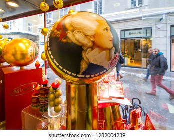 Mozartkugel In A Shop Window, City Salzburg, Salzburger Land, Austria, Jan 2015