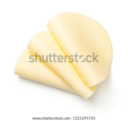 Mozzarella cheese slices isolated on white background. Top view