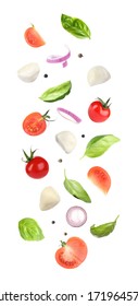 Mozzarella cheese, tomatoes, onion and basil leaves falling on white background