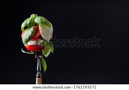Mozzarella with tomato and basil on a black background. Copy space.