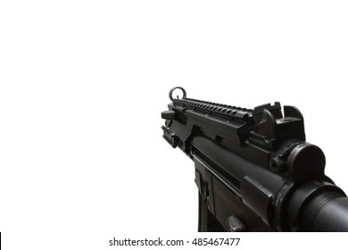 MP5 Assault Rifle Weapon Gun In First Person Shooting View Isolated On White Background