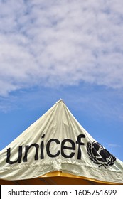 Mpika, Zambia - April, 17th 2015 -  Top Of An UNICEF Tent At The Opening Ceremony Of The Michael Chilufya Sata Hospital In Mpika, Zambia