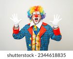Mr Clown. Portrait of Funny shocked face comedian Clown man in colorful costume wearing wig standing posing smiling to camera. Happy expression amazed bozo in various pose on isolated background.