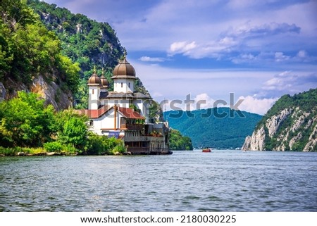 Mraconia, Romania. View of Mraconia monastery on Romanian side of Danube river Djerdap gorge, famous Iron Gates.