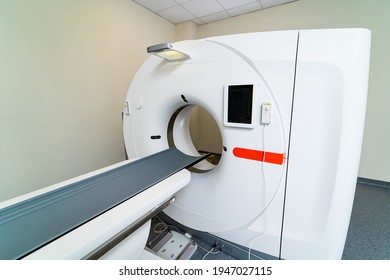 MRI Machine Is Ready To Research In A Hospital Room. Selective Focus On Medic Equipment. No People In Clinic Room.