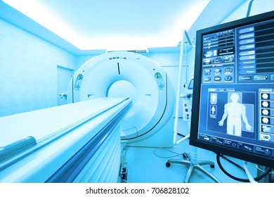 MRI scanner room take with art lighting and blue filter