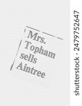 Mrs. Topham sells Aintree - news story from 1973 UK newspaper headline article title pencil sketch