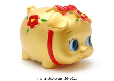 Ms Piggy Bank In Golden Color, Isolated White