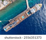 MSC Divina aerial view by MSC Cruises docked at Curacao Cruise Terminal in Otrobanda, city of Willemstad, Curacao. 