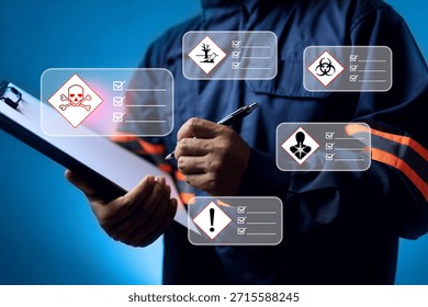 MSDS material safety data sheet concept with safety staff holding clipboard to check a chemical and safety information to manage dangerous substance on hazard works