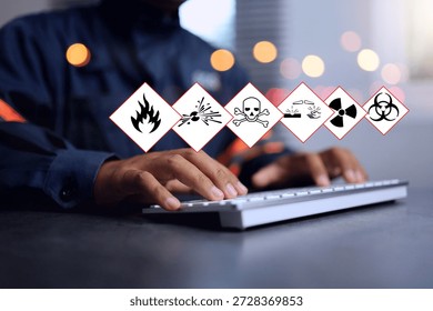 MSDS material safety data sheet concept with chemical safety staff working on warning information sign for dangerous substance to categorise type of hazardous goods