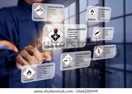 MSDS material safety data sheet concept with safety staff checking hazard data for inhalation respiratory toxic chemical on virtual interface display screen for personal protection equipment