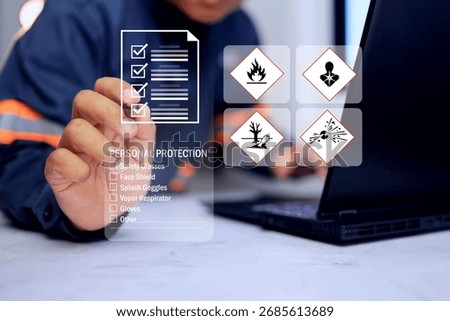 MSDS material safety data sheet concept with safety staff tick checkmark to checking hazard data for toxic chemical on virtual interface for hazardous chemicals