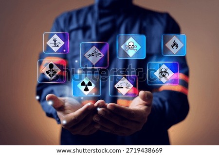 MSDS material safety data sheet concept with staff holding a virtual sign of dangerous chemical label warning staff working on storage site