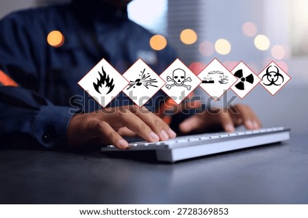 MSDS material safety data sheet concept with chemical safety staff working on warning information sign for dangerous substance to categorise type of hazardous goods